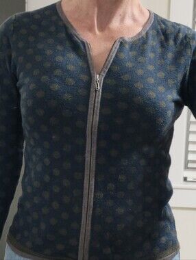 Apropos Olive Knit Zip Cardigan with Navy Polka Dots